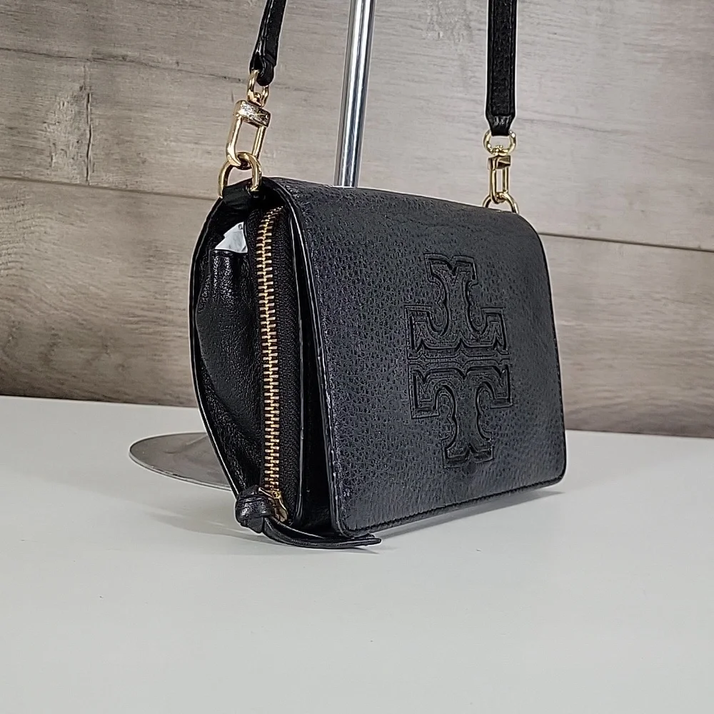 Tory Burch Black Pebbled Leather Flap Front Crossbody Bag
